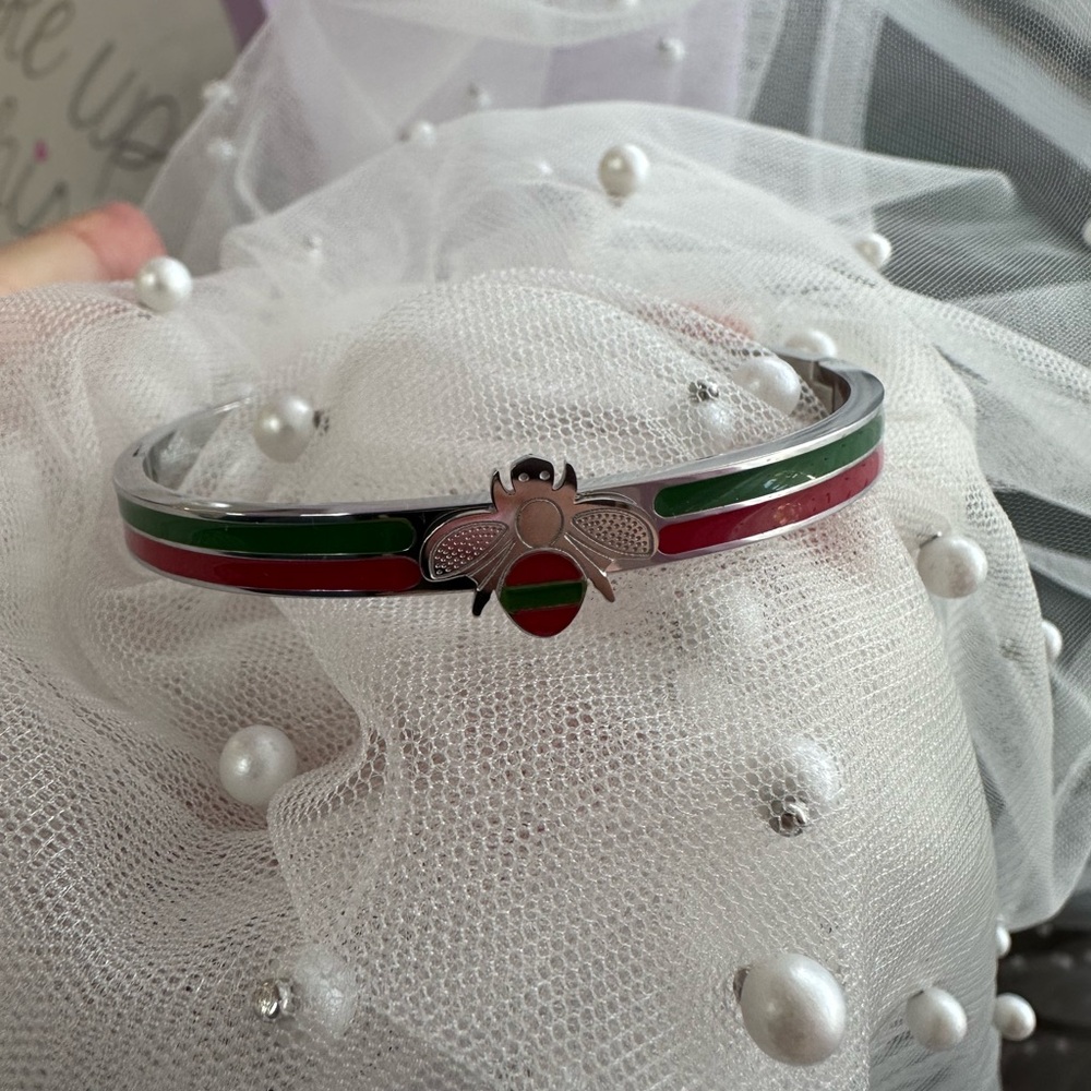 Bee Design Silver Bangle with Red and Green Accents